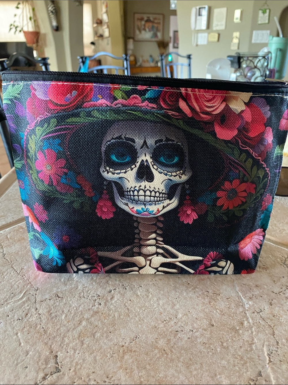 Floral Sugar Skull Cosmetic Bag - Black & Pink